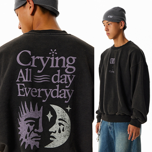 男女款 CryingCenter日月落泪印章 复古水洗宽松软糯加绒圆领卫衣