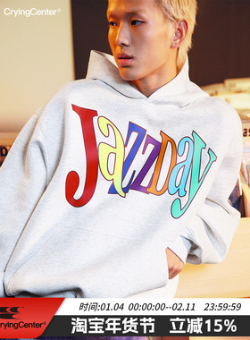 CryingCenterJazzDay字母印花棉软空气层廓形戴帽花灰卫衣