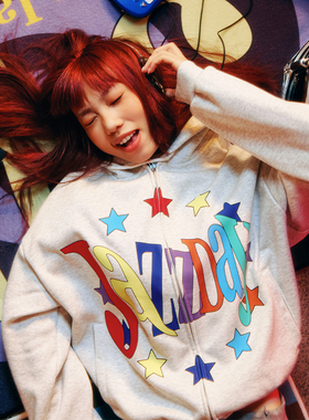 CryingCenterJazzDay星星环绕字母印花加绒舒适开衫戴帽卫衣外套