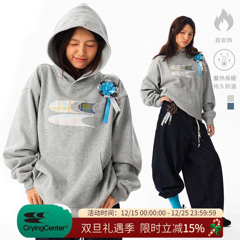 CryingCenter 格纹贴布绣加绒连帽卫衣 配胸花 男女同款 哭喊中心