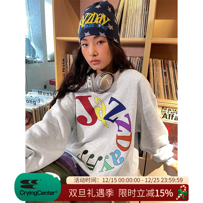 CryingCenterJazzDay环形音符花灰套头宽松加绒卫衣 哭喊中心