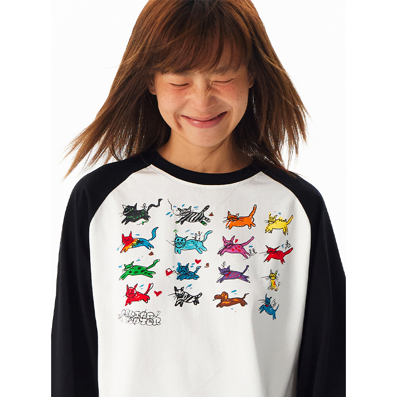 CryingCenter 可爱小猫手绘插画松弛居家感黑白插肩长袖 正肩T恤