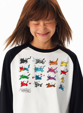 CryingCenter 可爱小猫手绘插画松弛居家感黑白插肩长袖 正肩T恤