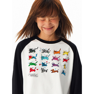 CryingCenter 正肩T恤 可爱小猫手绘插画松弛居家感黑白插肩长袖