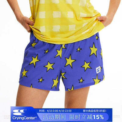 CryingCenter复古手绘黄蓝撞色星星（含内衬）运动休闲短裤