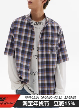 CryingCenter宽松廓形休闲复古灰紫色格纹短袖衬衫外搭 哭喊中心