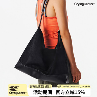 CryingCenter  黑色麂皮绒拼接大容量双肩带斜挎包手提包皮包