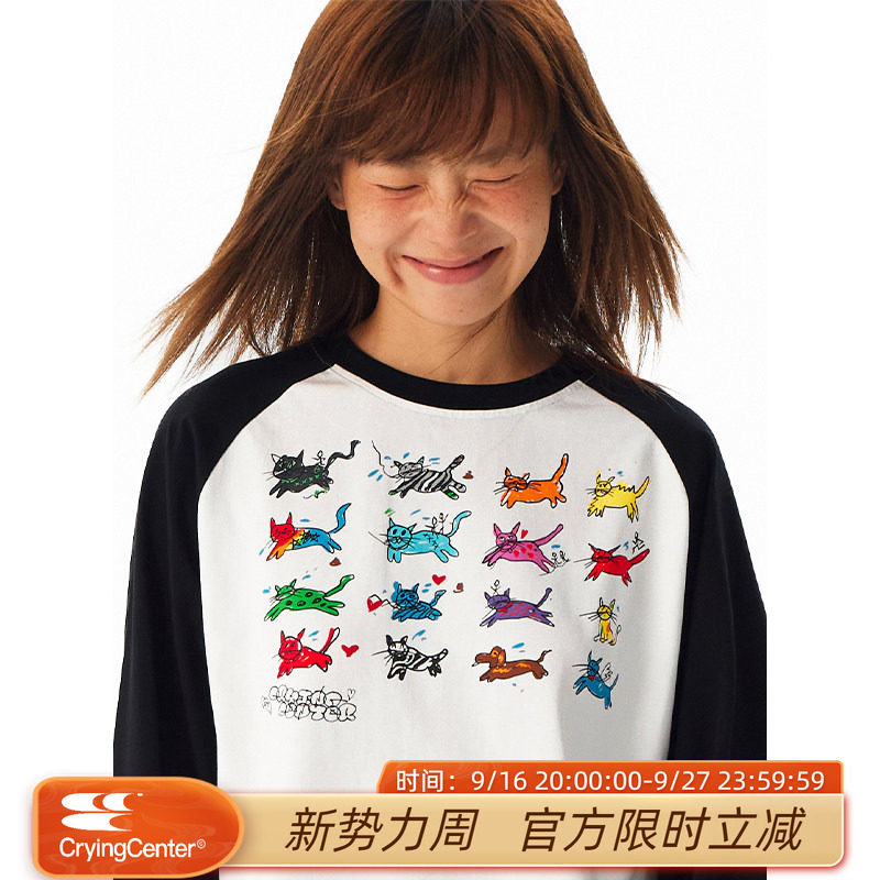 CryingCenter 可爱小猫手绘插画松弛居家感黑白插肩长袖 正肩T恤图片