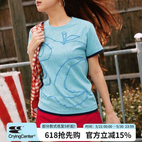 CryingCenter半透雪花竹节棉发泡3c苹果印花正肩修身短袖哭喊中心