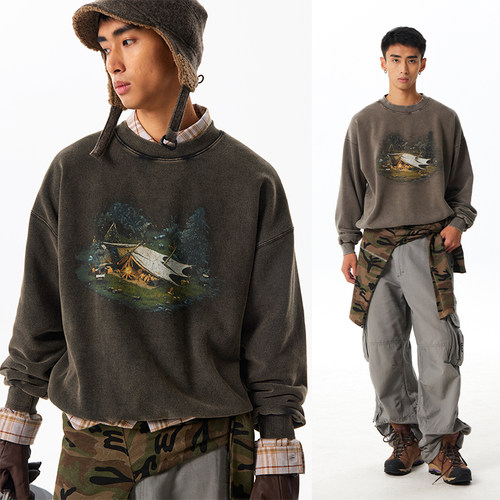 CryingCenter 抓绒水洗篝火帐篷野营复古圆领卫衣 男女款哭喊中心