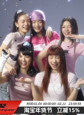 CryingCenter y2k千禧辣妹粉色美式复古圆领修身T恤 爵士街舞短t