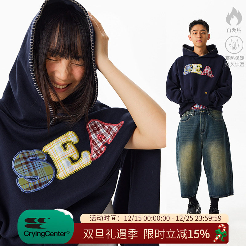 CryingCenter 加绒SEA贴布绣连帽卫衣 哭喊中心