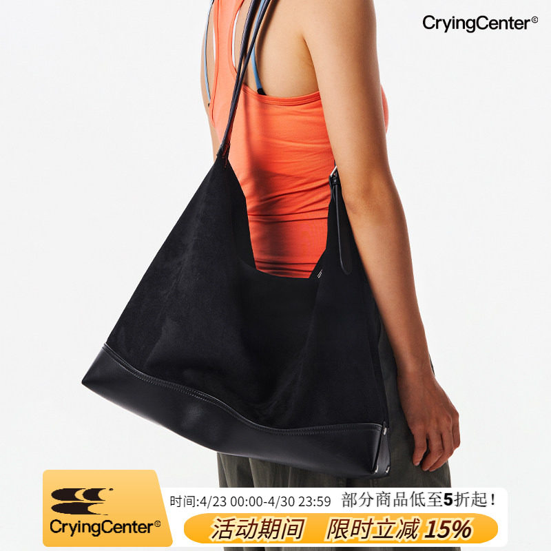 CryingCenter  黑色麂皮绒拼接大容量双肩带斜挎包手提包皮包