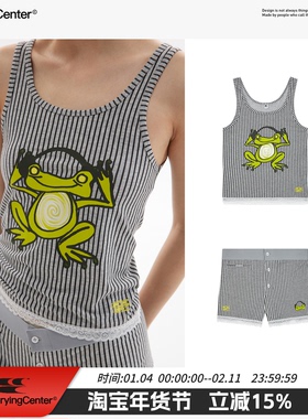 CryingCenter蛙爱哭蛙蛙蕾丝条纹印花居家夏季套装花灰短裤背心