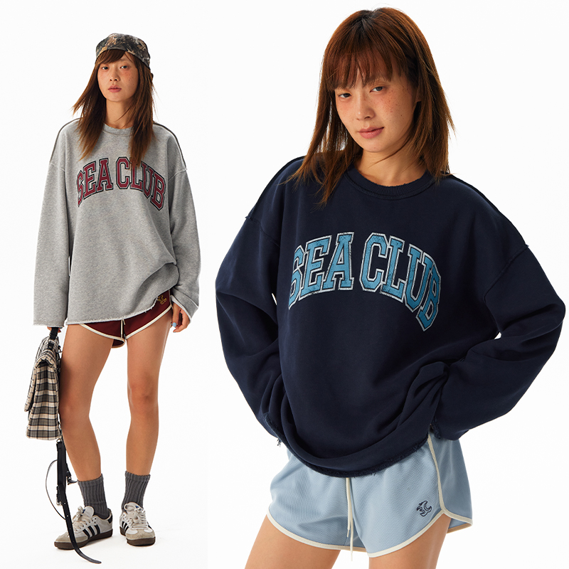 CryingCenter中性海组学院风做旧字软糯蓬松毛边翻转薄绒卫衣