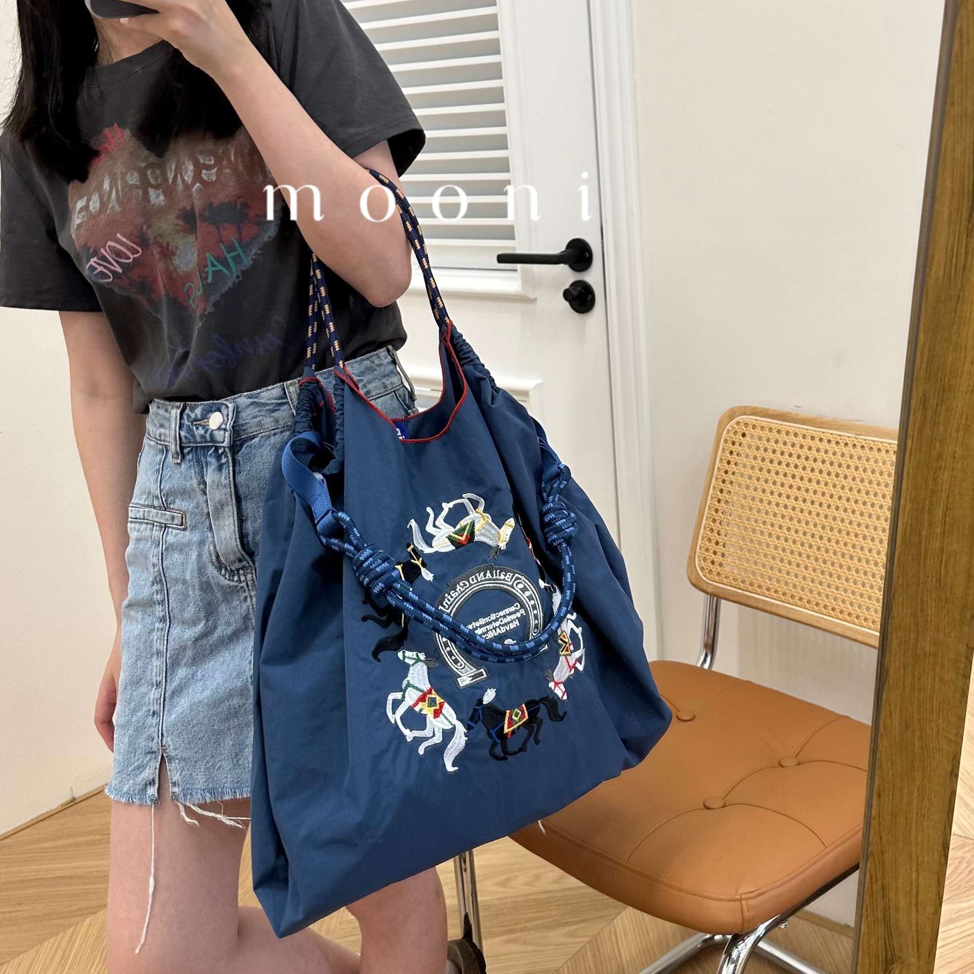 高圆圆同款日系小众ball chain环保布袋刺绣尼龙轻便少女感购物袋