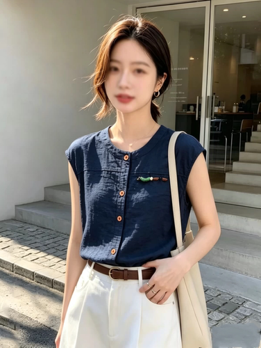 【仓库清货】圆领无袖衬衫夏季短款显瘦小个子休闲时尚百搭上衣女