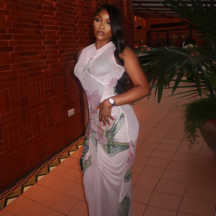 欧美时尚女装新款印花连衣裙无袖收腰长裙气质显瘦度假晚宴沙滩裙