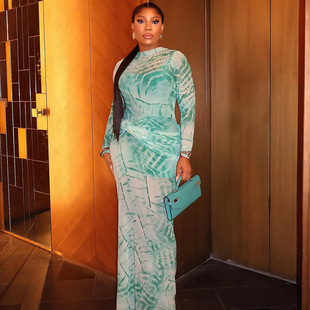 欧美风跨境女装气质修身微透通勤包臀裙舒适高领长袖印花长连衣裙