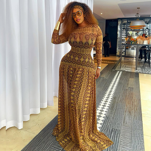 欧美风跨境女装时尚印花修身长裙圆领长袖网纱透视包臀裙连衣裙潮