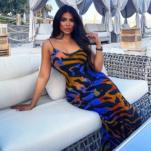 欧美风跨境夏季时尚印花女装修身包臀裙性感拼色露背吊带长连衣裙