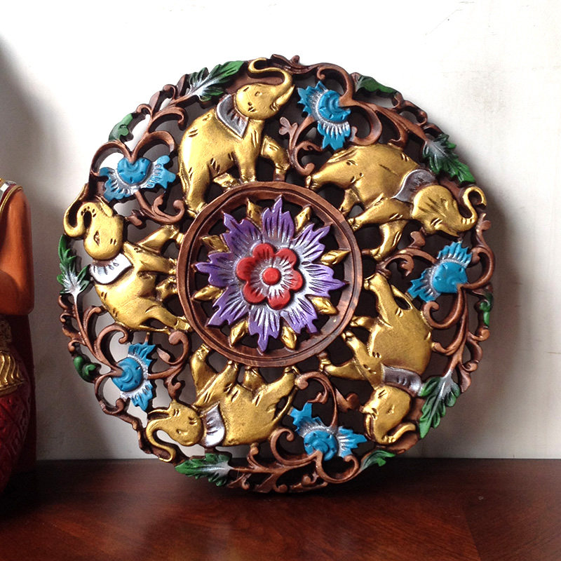 特惠东南亚风格圆形壁挂彩色木雕花板墙面装饰壁饰泰国异域风情