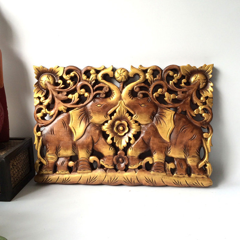 特惠包邮东南亚吉祥双象泰国木雕花板墙面装饰挂饰实木框大号美式