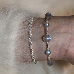 LLab 灰月光水晶手链全蓝光彩光拉长石水晶手串 s925银