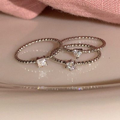 LLab s925银简约爱心/方形/圆形莫桑钻单钻素圈细戒指组合叠戴