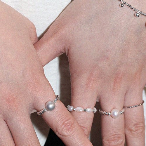 LLab s925 天然淡水珍珠银珠珠戒指高级灰色珍珠戒指 可调节多款