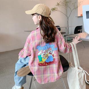 法国MIWEIKE 女童格子卡通造型衬衫外套春秋儿童薄款小女孩上衣