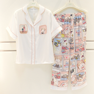 女士冰丝新品 时尚 安之伴睡衣夏季 素色可爱韩版 家居服 甜美短袖 长裤