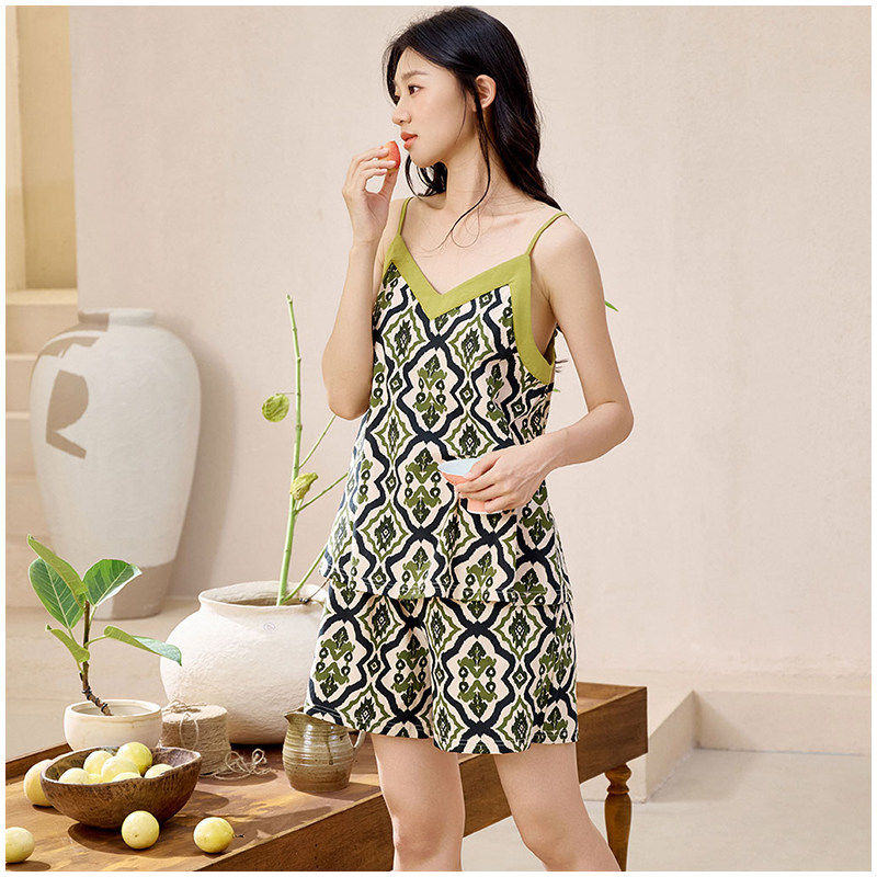 安之伴睡衣2025夏季女士纯棉针织个性时尚吊带短裤清凉时尚家居服