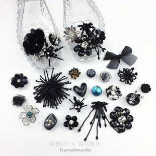 新款韩国黑色鞋花heavenlyjelly果冻鞋DIY流苏花朵水晶百搭配饰