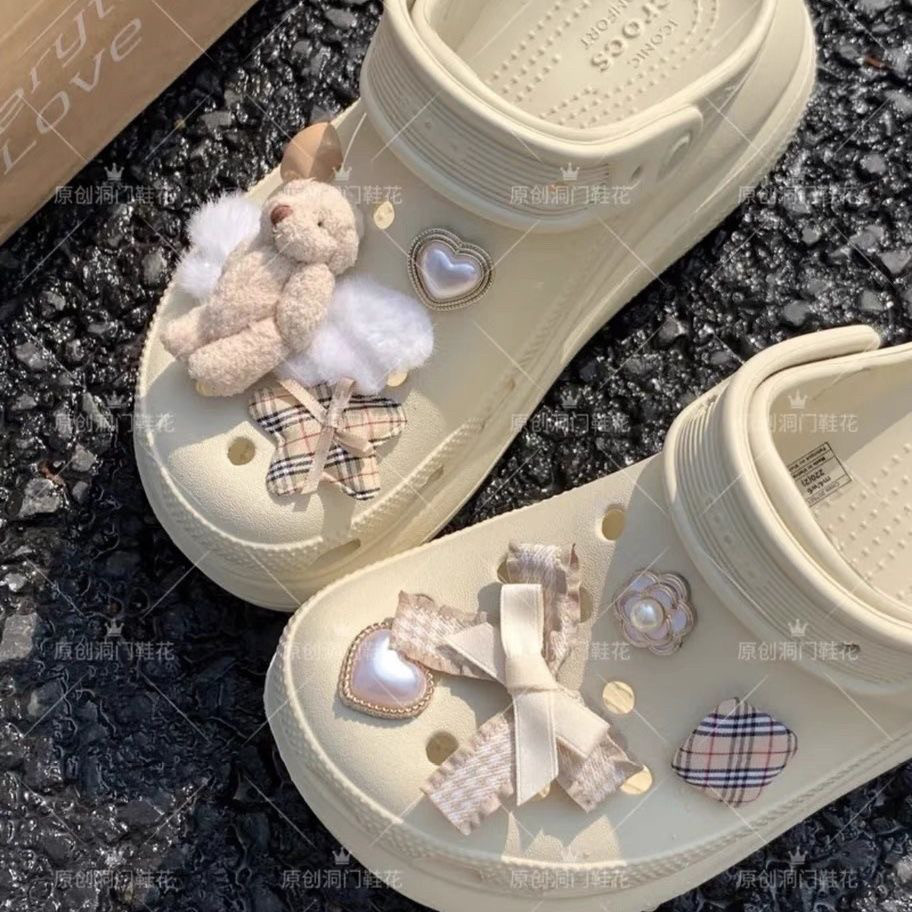 crocs洞洞鞋配饰芭蕾风丝带鞋扣卡扣拖鞋装饰毛绒兔子配件鞋花
