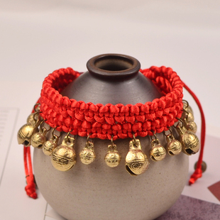 舞蹈演出道具红绳铃铛脚链会响编织复古红绳手链手环黑绳脚环女