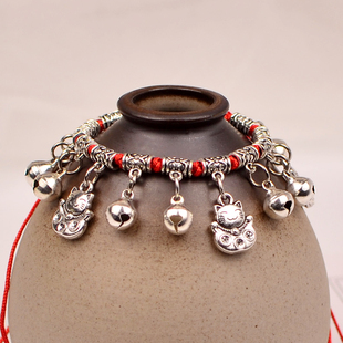 复古民族风铃铛手链女红绳招财猫脚链会响舞蹈演出道具儿童脚环