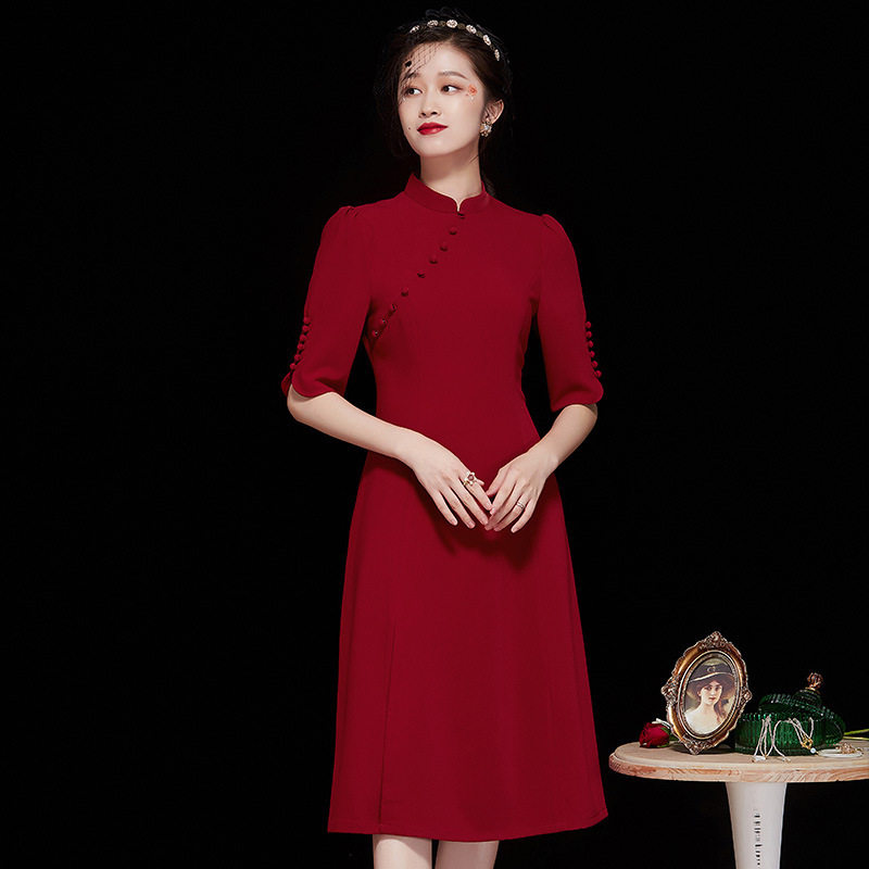 精品女装中国风红色中长款改良版旗袍连衣裙春季2025新款中式旗袍