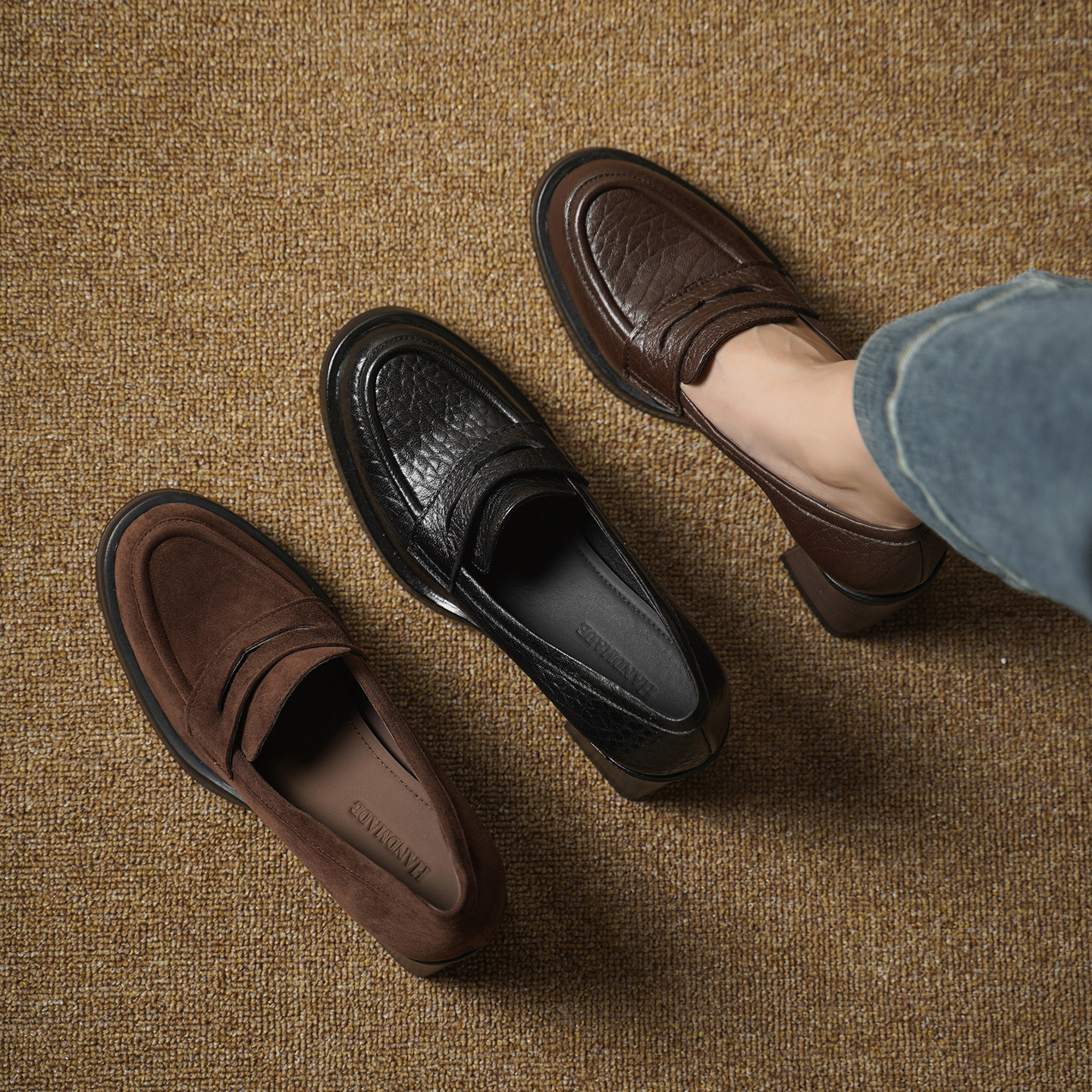 大象纹真皮乐福鞋女2025新款法式单鞋女7.5cm高跟牛皮英伦小皮鞋