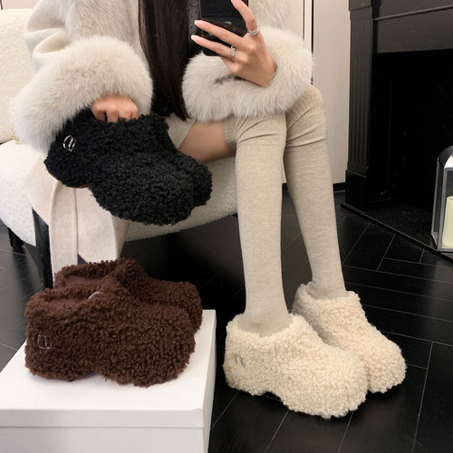 2025秋冬新款牛皮针织羊羔毛圆头内增高厚底保暖一脚蹬勃肯毛毛鞋