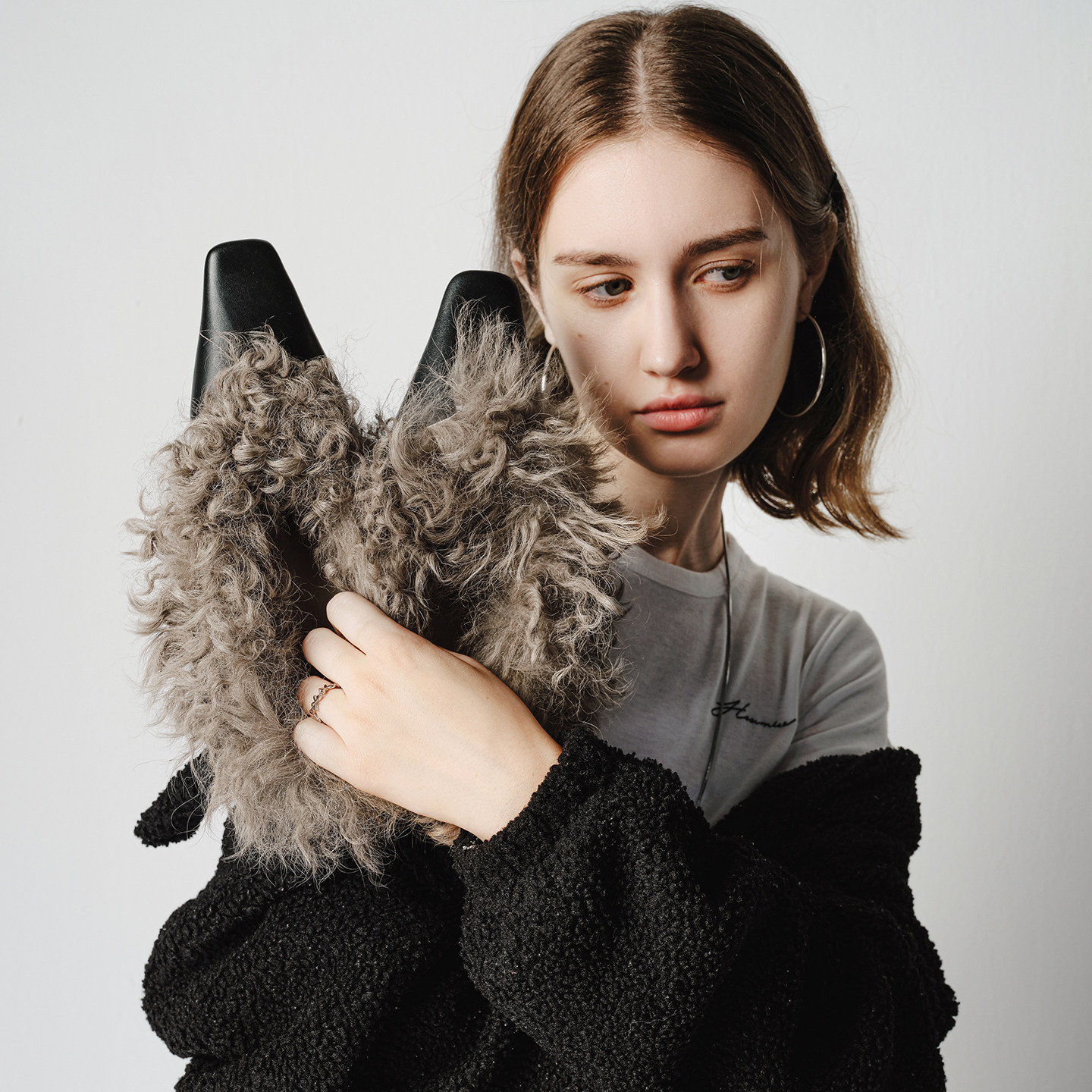 冬日穿搭~！2025冬季法式方头浅口平底羊卷毛加绒通勤黑色单鞋女,女鞋,深口单鞋,淘宝优惠券,粉丝福利购,淘宝优惠卷