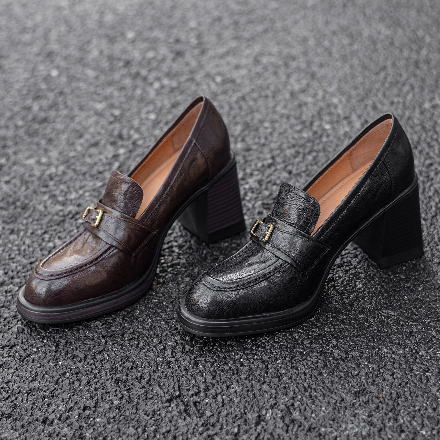 ins 韩国订单 显腿长~！羊皮皮带扣圆头高跟鞋女单鞋乐福小皮鞋女,女鞋,乐福鞋（豆豆鞋）,淘宝优惠券,粉丝福利购,淘宝优惠卷