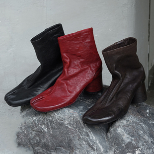 黑色真皮忍者tabi短筒分趾靴水洗马皮棕色猪蹄羊皮短靴时装靴女靴