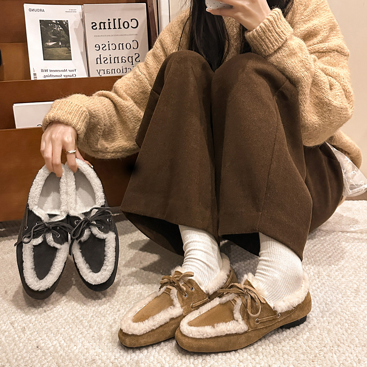 真皮女鞋2025秋冬季新款勃肯鞋加绒保暖毛毛鞋乐福鞋女休闲豆豆鞋,女鞋,乐福鞋（豆豆鞋）,淘宝优惠券,粉丝福利购,淘宝优惠卷