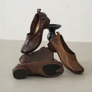 进口头层牛皮女鞋春秋新款英伦小皮鞋分趾手工单鞋法式分趾猪蹄鞋