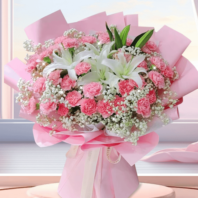 昆明同城送花昆明鲜花同城 33朵康乃馨+百合混搭花束 生日母亲节