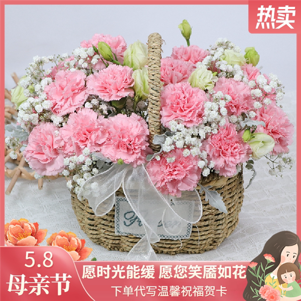 昆明花店昆明同城鲜花速递 16朵粉康乃馨满天星手提小花篮 特惠