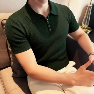 夏季薄款半拉链针织Polo衫翻领短袖透气高级感修身t恤老钱风敲定