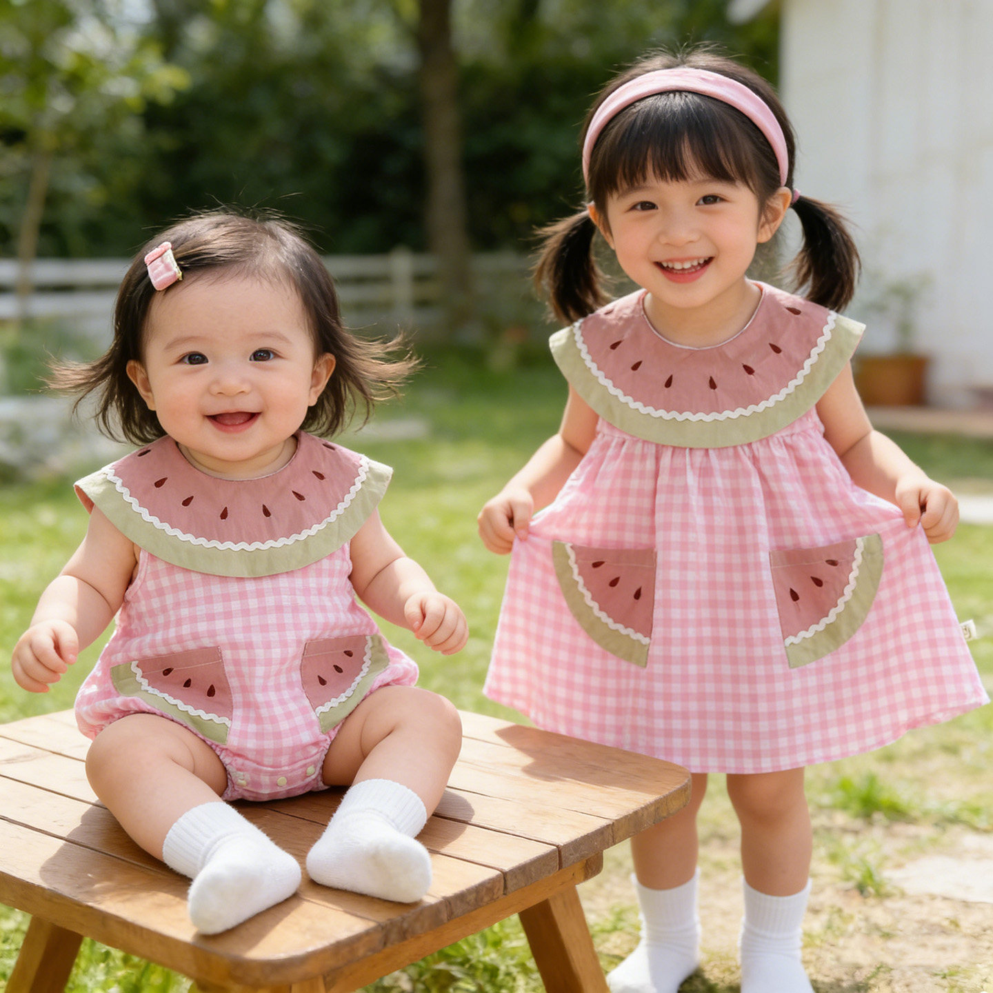 女童姐妹装夏季超萌可爱哈衣西瓜格子婴幼儿包屁衣宝宝连衣裙轻薄