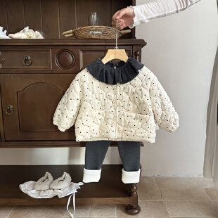 女宝宝韩系穿搭秋冬装新款2025洋气套装波点夹棉外套婴童小棉袄潮